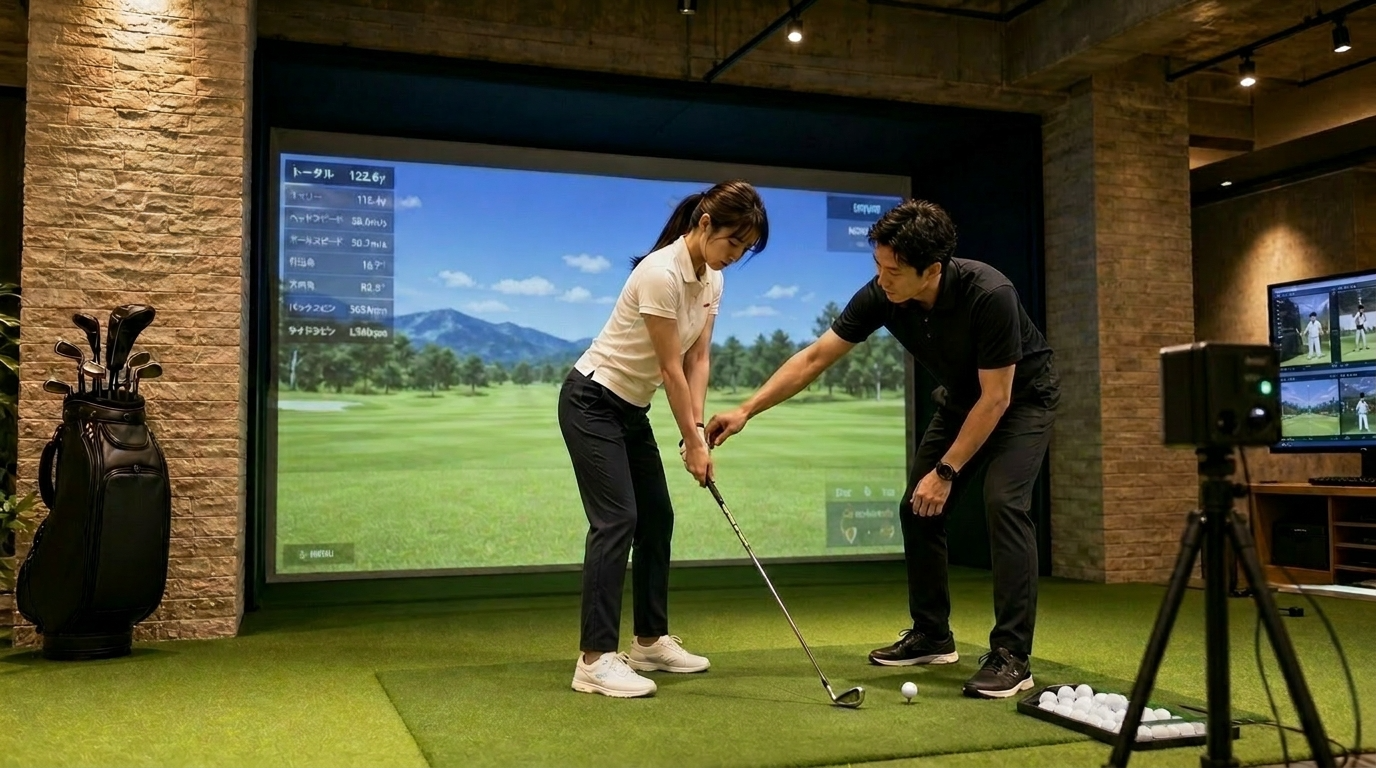 AMP GOLFで初心者向けレッスンを受けている様子