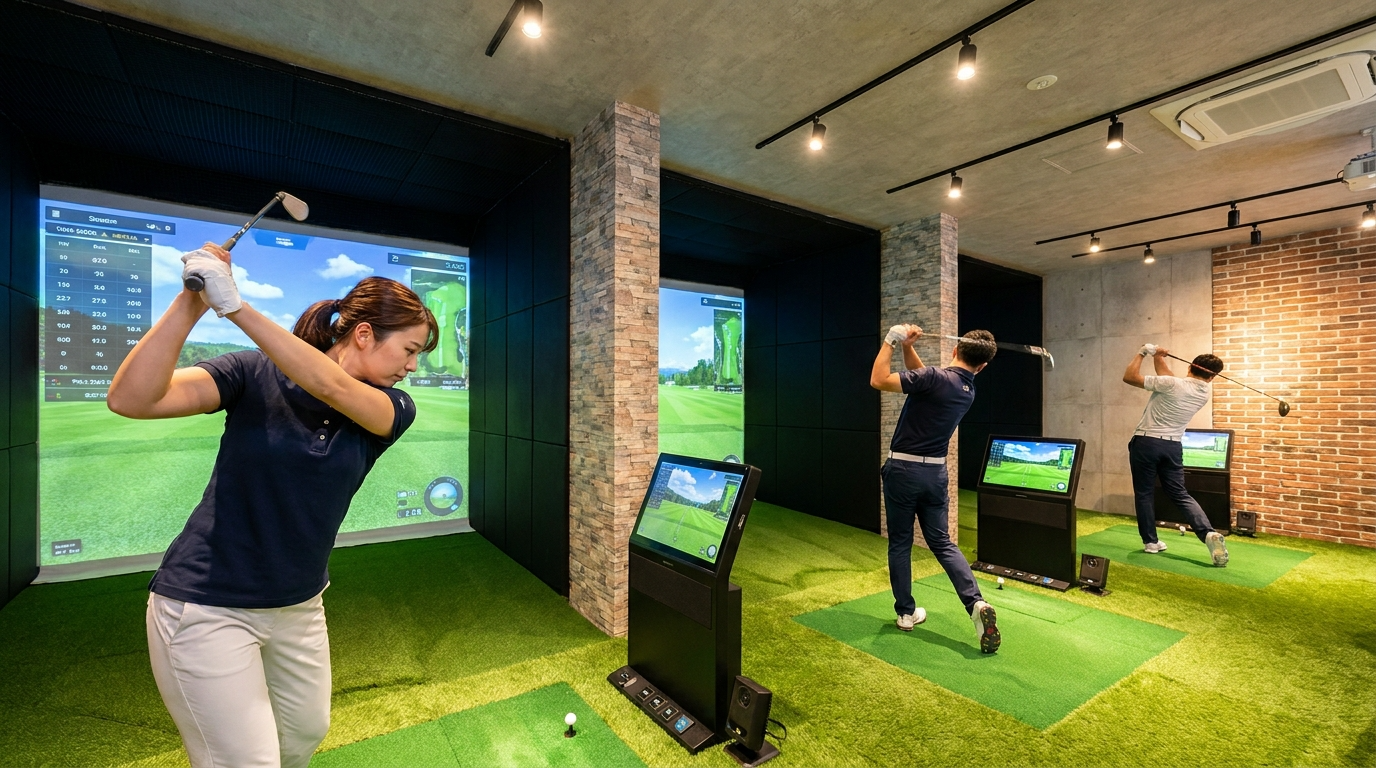 AMP GOLFのインドアゴルフレンジで練習している様子